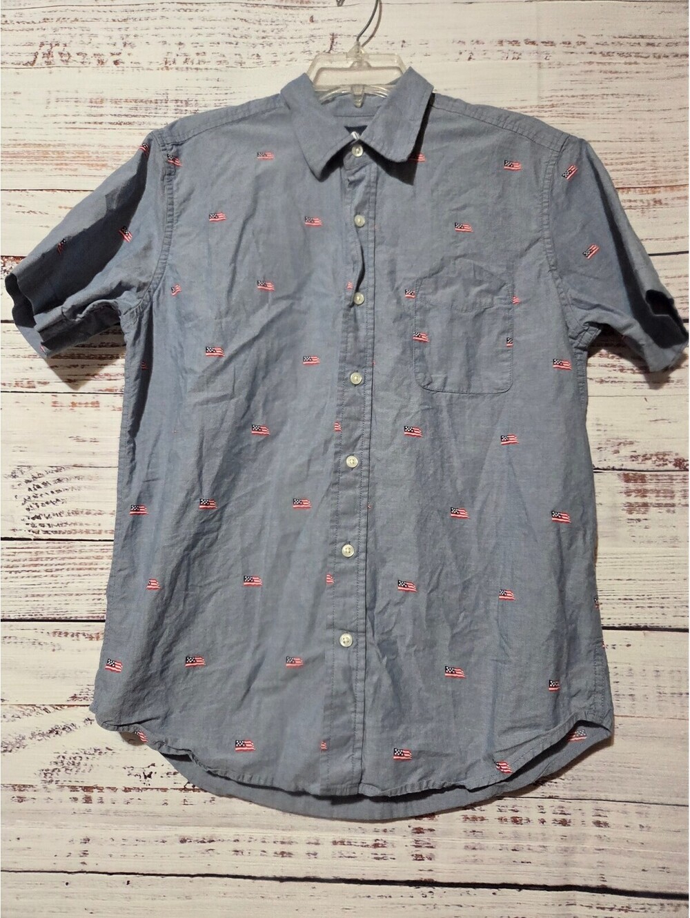 Place Boys Shirt Size S Blue with American Flag Pattern Short Sleeve Patriotic